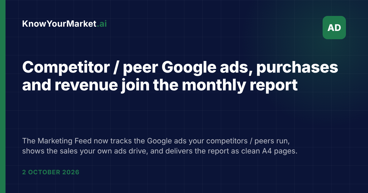 Competitor / peer Google ads, purchases and revenue join the monthly report