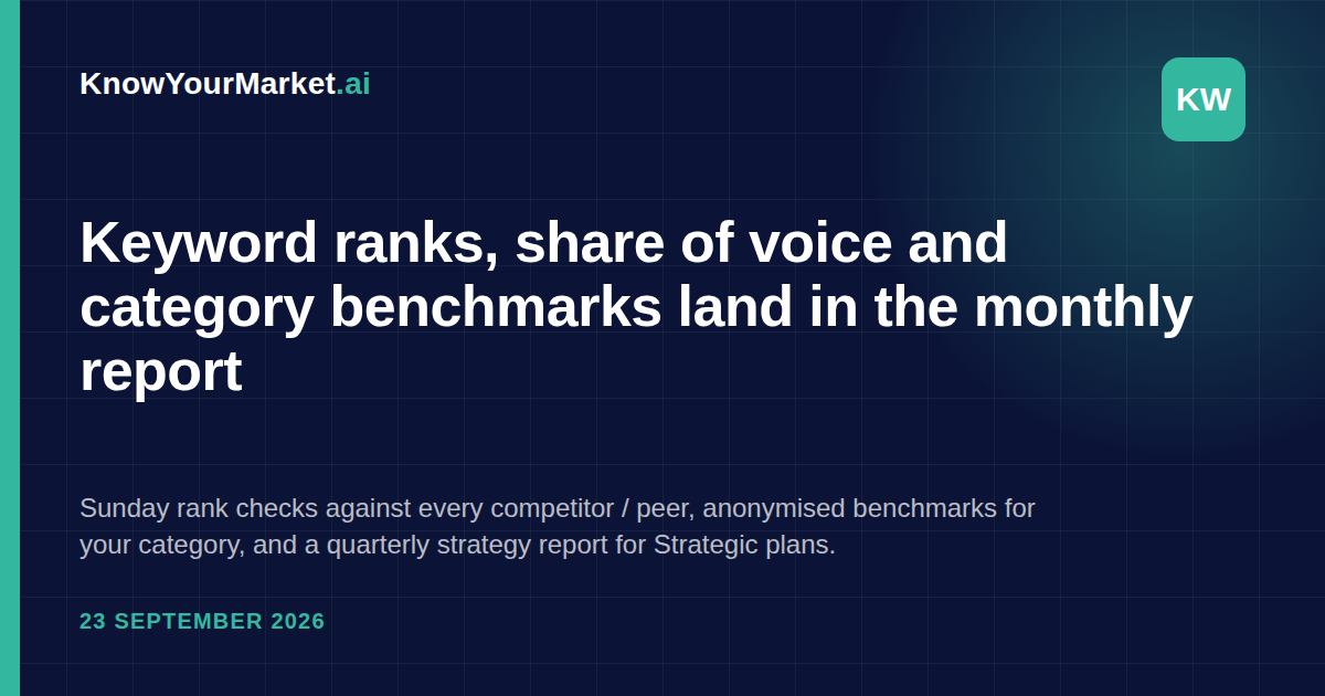 Keyword ranks, share of voice and category benchmarks land in the monthly report